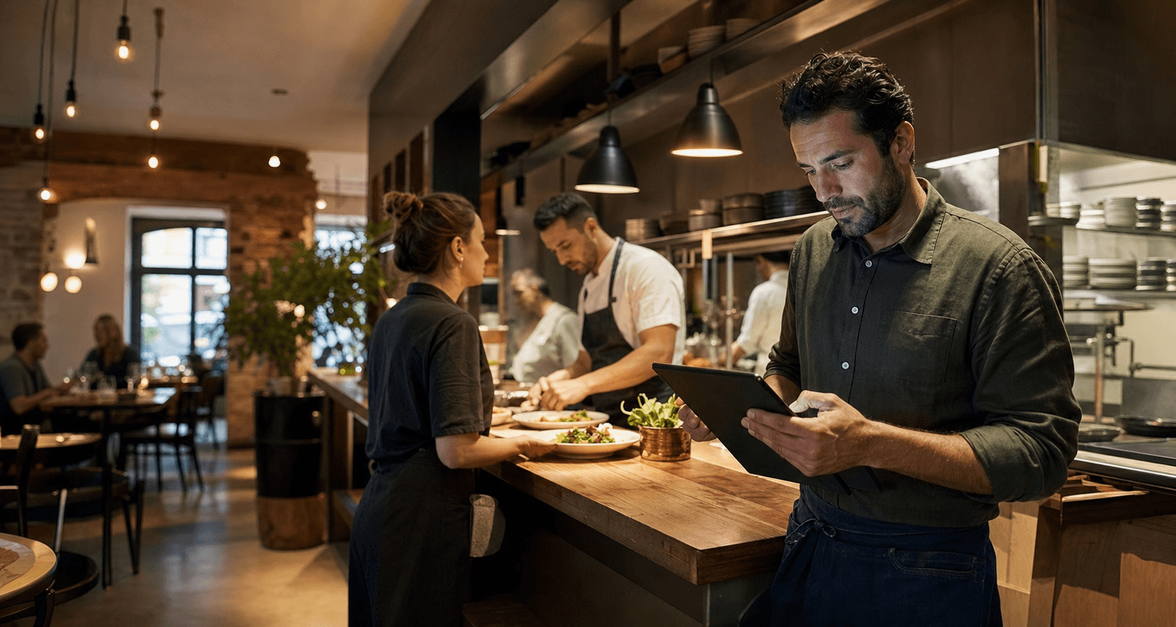 Independent restaurant team coordinating service with a digital order workflow